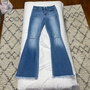 YMI - High rise flared jeans with frayed hem, medium blue, size 3/26, 1% spandex